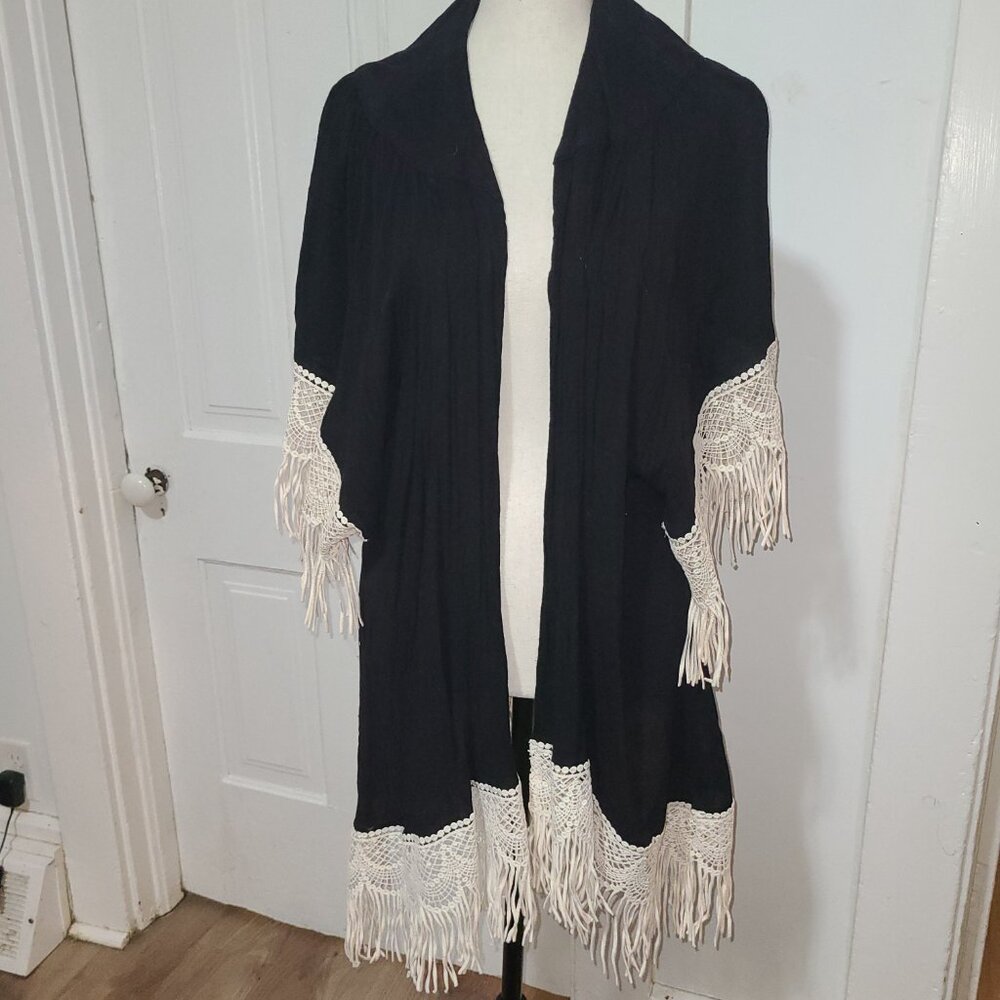 Umgee M/L USA Fringe Cardigan Open Front Black W/ White Fringe Wide 3/4 Sleeve